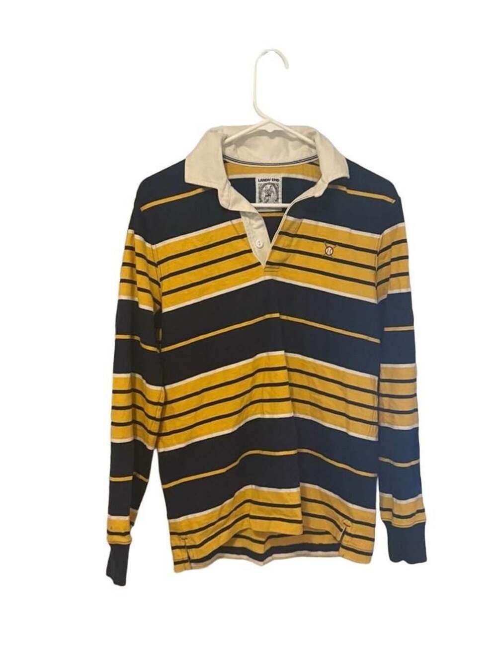 Vintage Lands' End Rugby Shirt Yellow Navy Striped Long Sleeve